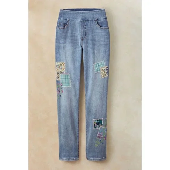 NWOT COLDWATER CREEK Womens' Petals & Patches Embroidered Pull On Jeans Sz 16P - Picture 1 of 8
